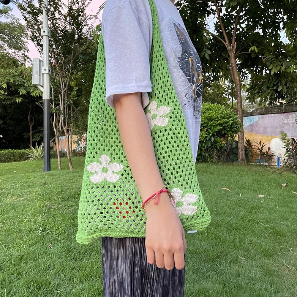 Green‎ Floral Crochet Tote Bag